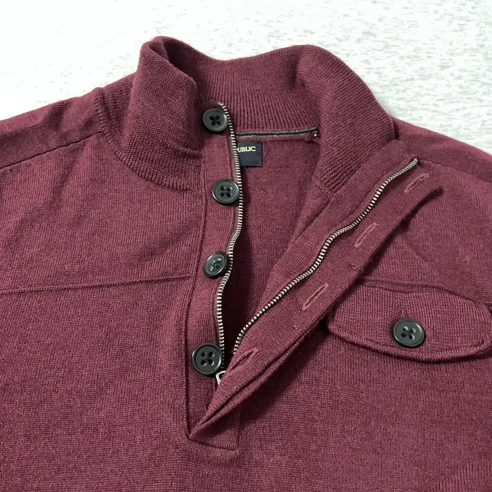 Banana Republic Sweater Mens Large Maroon Merino Wool Quarter‎ Zip Mock Neck
